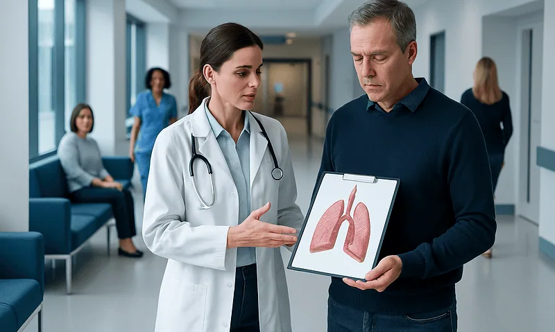 Doctor explaining lung health with a diagram to a patient in hospital corridor.