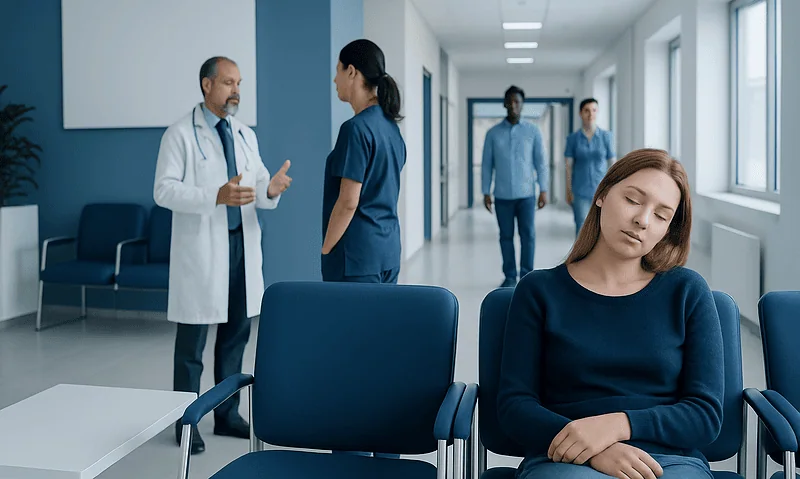 Young woman experiencing sleepiness in a hospital waiting area.
