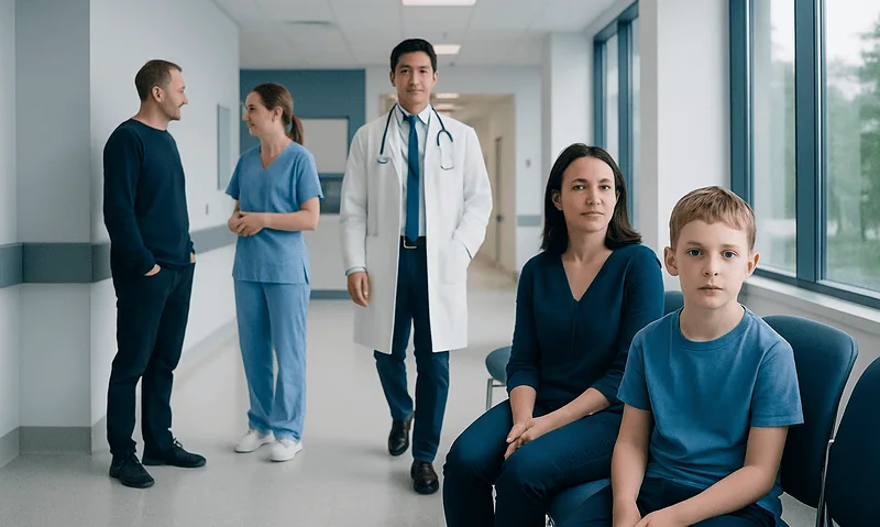 Medical team with children in hospital corridor at Acibadem Hospitals Group.