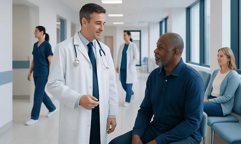 Doctor consulting with patient in hospital corridor.