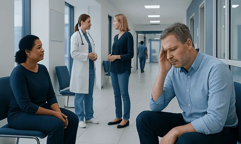 Patient experiencing headache in hospital corridor with medical staff nearby.
