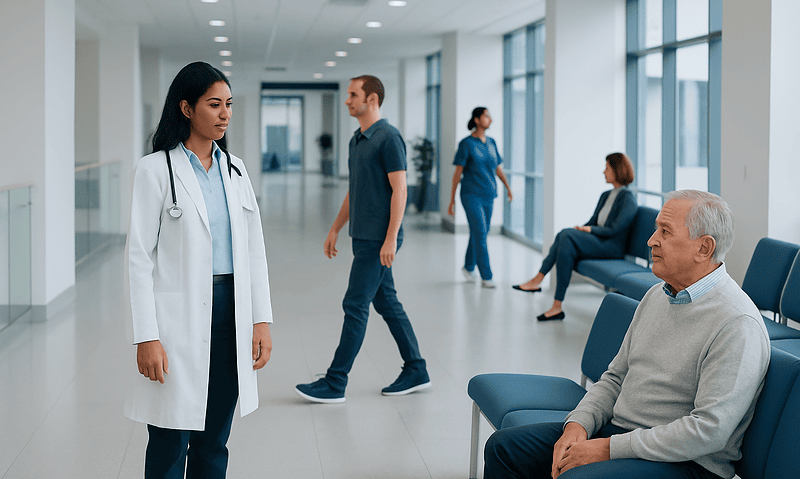 Healthcare professionals and patients in a modern hospital corridor.