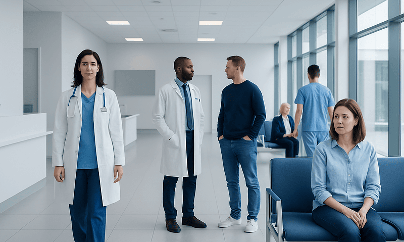 Medical professionals and patients in a modern hospital waiting area.
