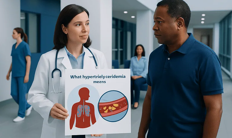 Doctor explaining hypertriglyceridemia to patient with educational poster.