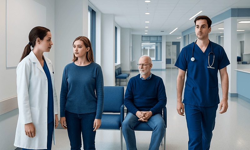 Medical consultation in a modern hospital with healthcare professionals and patient.
