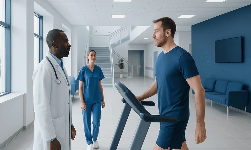 Patient walking on treadmill with medical staff in hospital corridor.