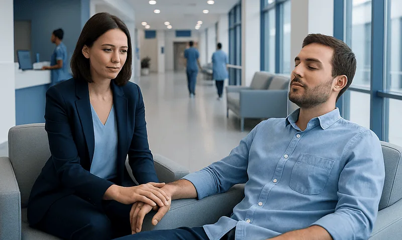 Patient and therapist holding hands in a hospital waiting area.