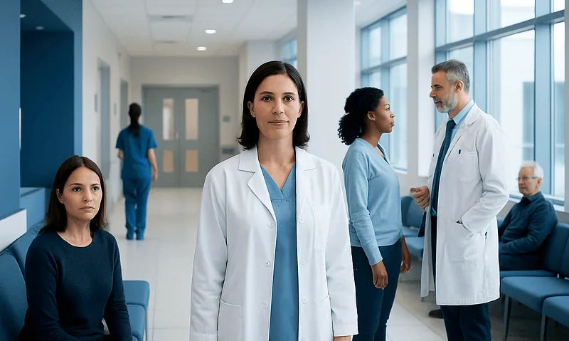 Medical professionals and patients in a hospital corridor at Acibadem Hospitals Group.