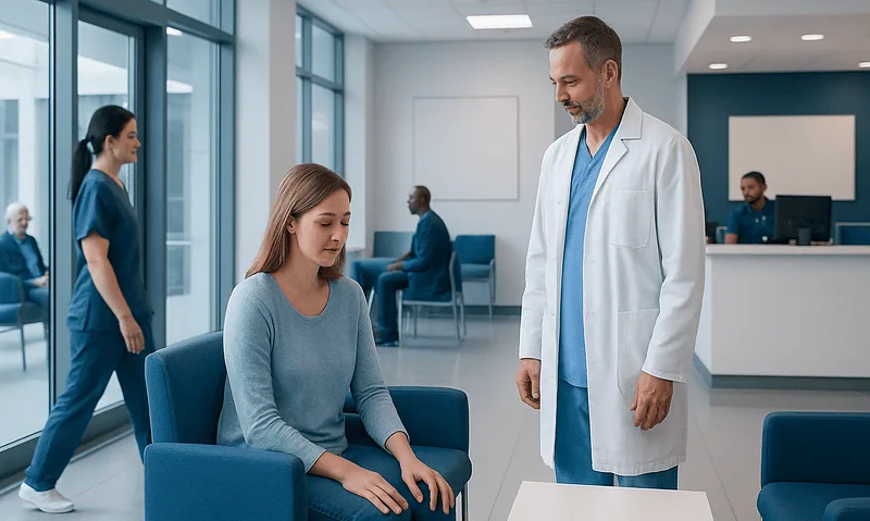 Doctor consulting a young woman in a hospital waiting area.