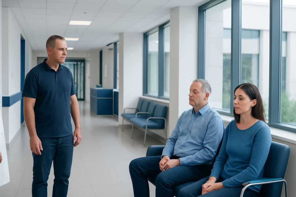 Hypogonadism: A Complete Medical Overview 1 Doctor consulting with male and female patients in hospital corridor.