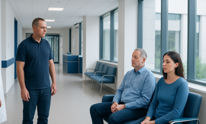 Doctor consulting with male and female patients in hospital corridor.