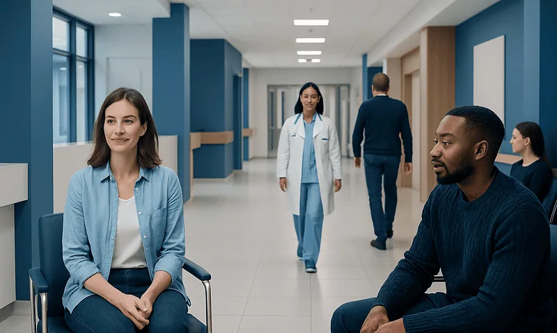 Patients waiting in a hospital corridor with medical staff in the background.