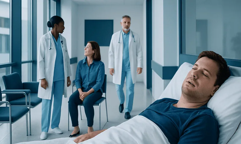 Patient resting in hospital bed with medical team in background.