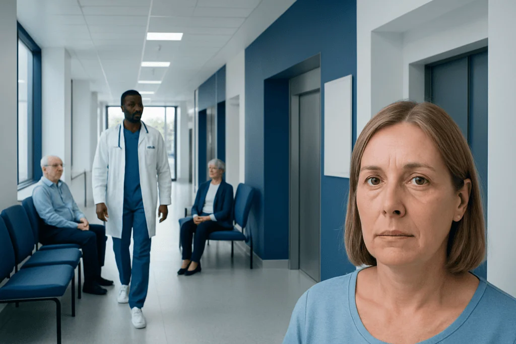 Hypopyon: What Patients Need to Know 1 Concerned woman in hospital corridor with medical staff and patients.