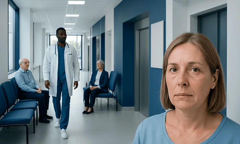 Concerned woman in hospital corridor with medical staff and patients.
