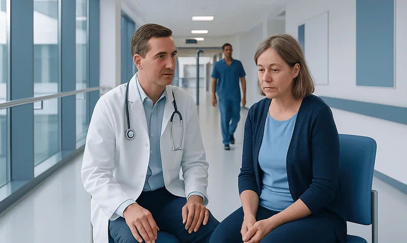 Doctor consulting with a patient in a hospital corridor.