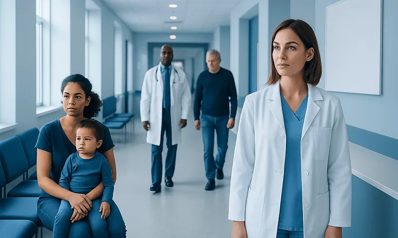 Medical professionals and patients in a hospital corridor.