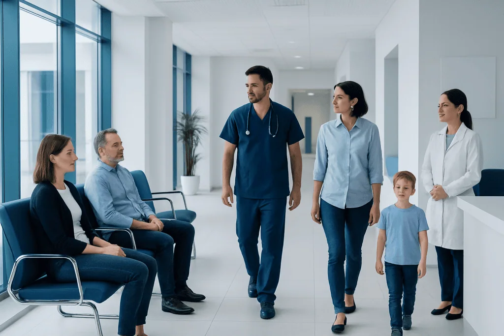 Hypotonic: An Evidence-Based Guide for Patients 1 Healthcare professionals consulting with patients in a modern hospital corridor.