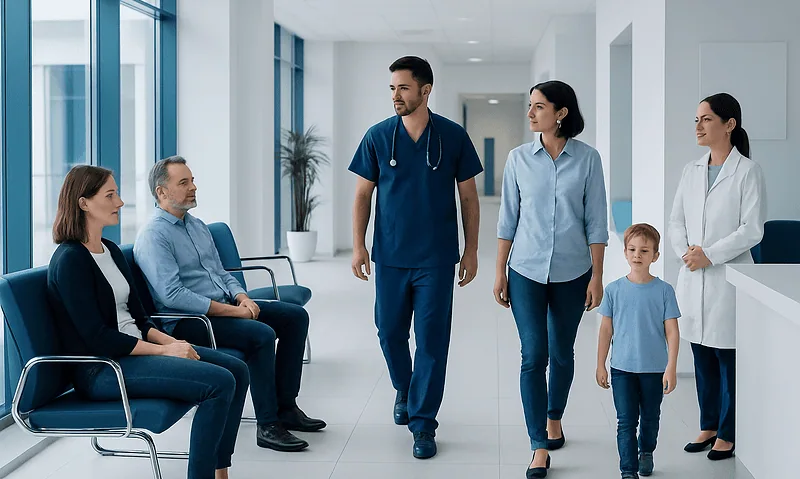 Healthcare professionals consulting with patients in a modern hospital corridor.