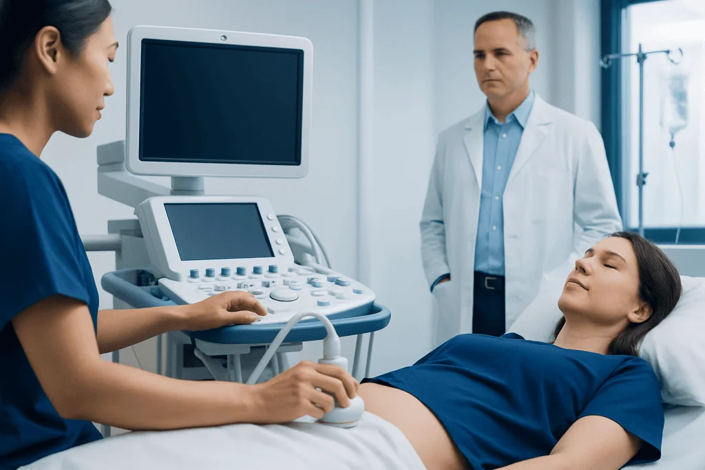 Medical professional performing an ultrasound on a patient in a hospital room.