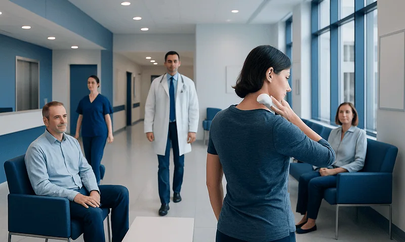 Patient experiencing neck pain in a hospital waiting area.