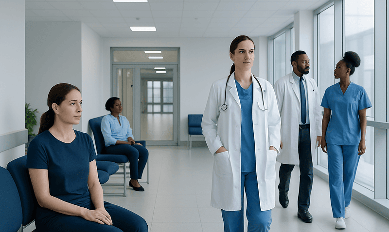 Medical team waiting in a hospital corridor with a doctor in focus.