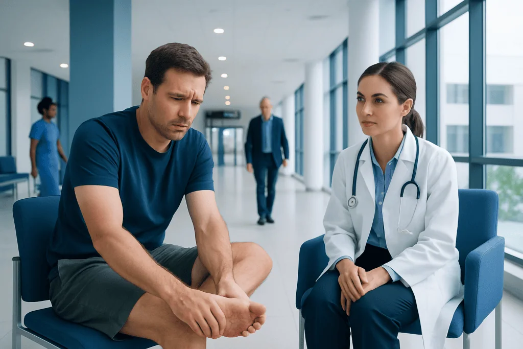 Images of Athlete's Foot: An Evidence-Based Guide for Patients 1 Patient consulting with doctor about foot pain in hospital corridor.