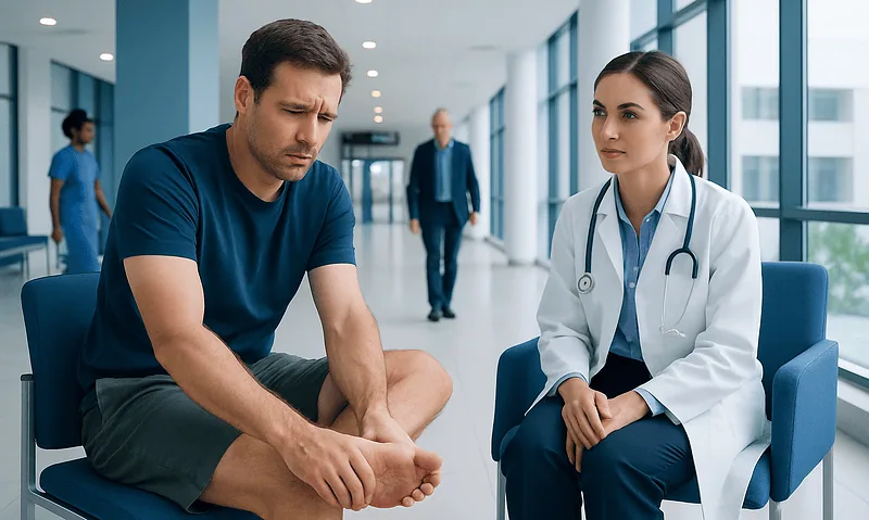 Patient consulting with doctor about foot pain in hospital corridor.