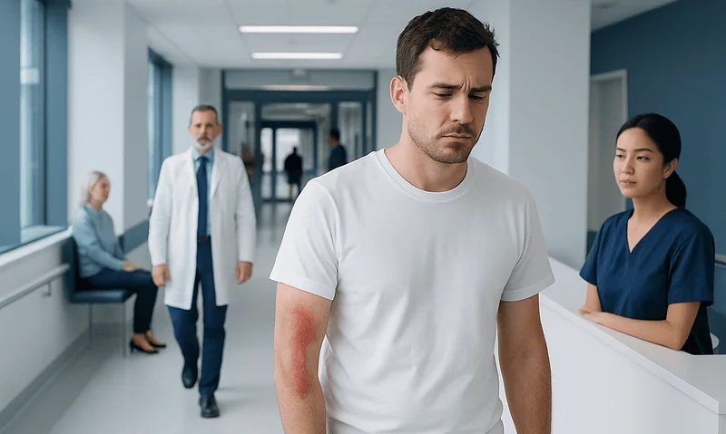 Young man with second degree burn on his arm in hospital corridor.