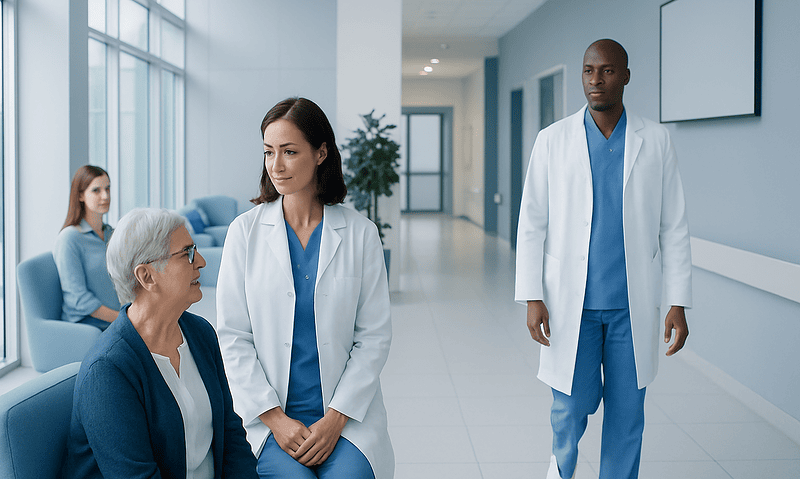 Medical professionals consulting with a patient in a hospital corridor.