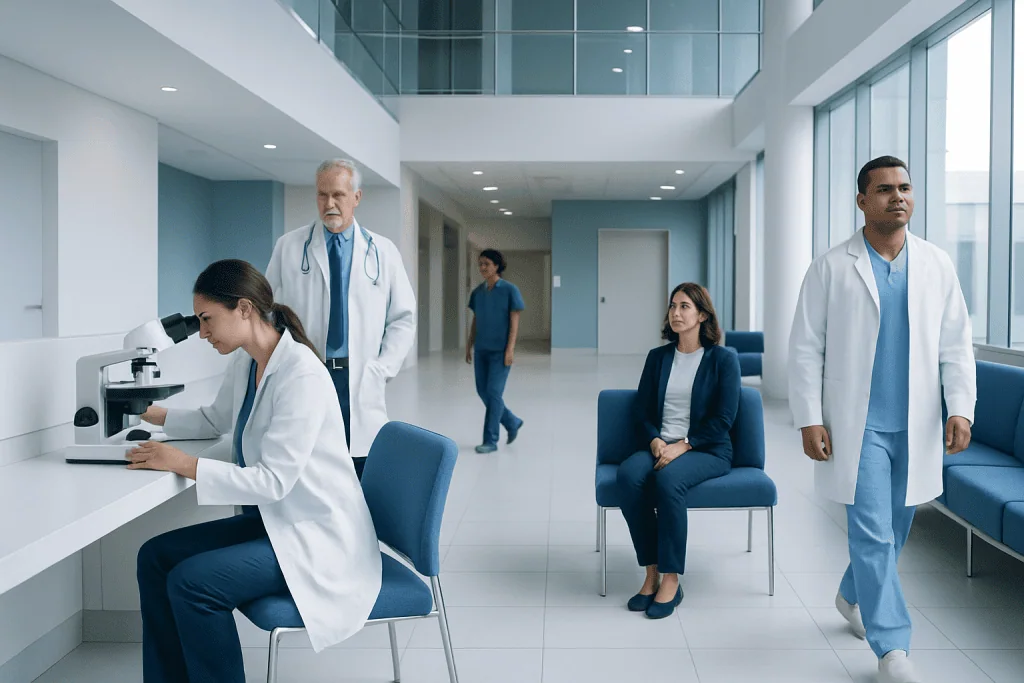 Immunohistochemistry — Explained by Medical Evidence, Not Myths 1 Medical team in hospital lobby with doctors and a patient.