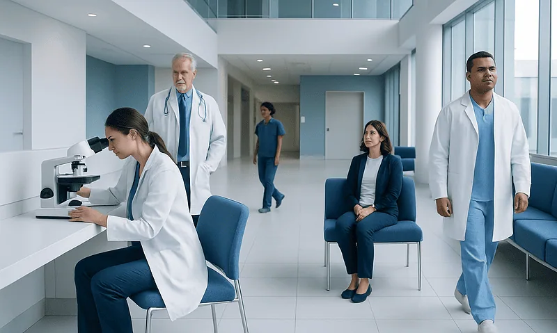Medical team in hospital lobby with doctors and a patient.