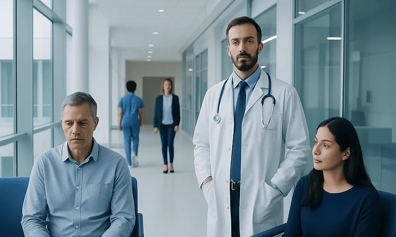 Doctor with patients in a hospital corridor, healthcare setting.