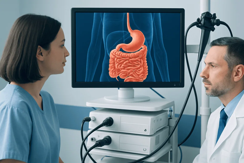 Medical consultation on digestive system with endoscopy equipment.