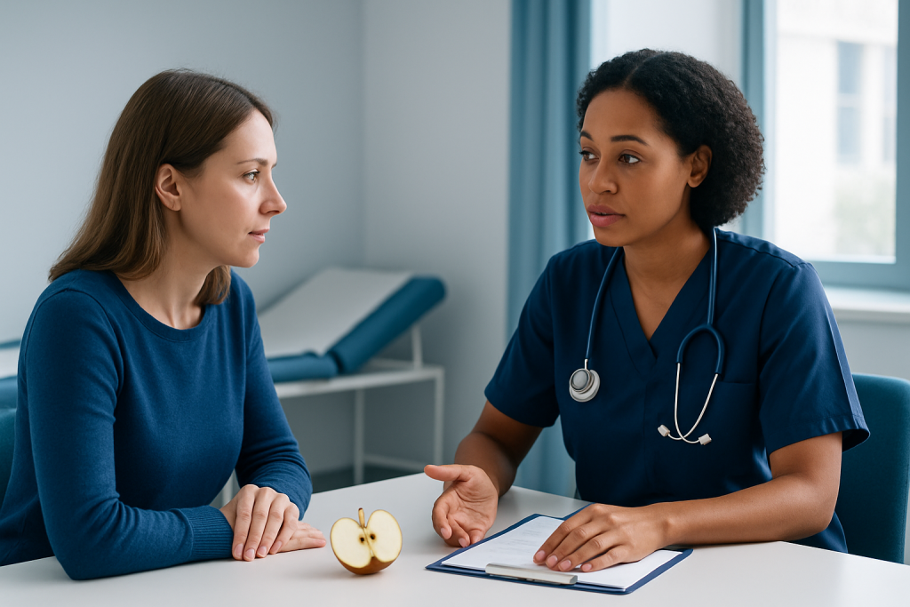 Doctor explaining apple seed toxicity to a patient in a medical consultation.