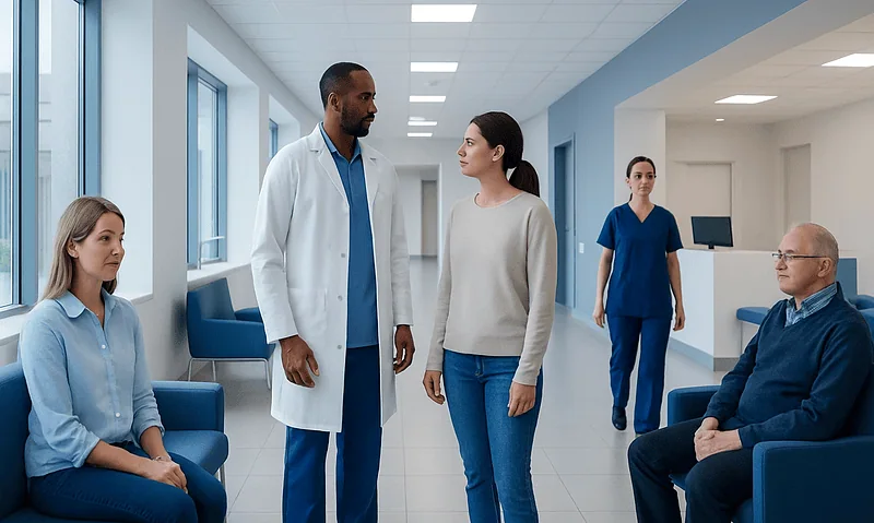 Inderal: An Evidence-Based Guide for Patients 5 Medical consultation in hospital corridor with diverse healthcare professionals and patients.