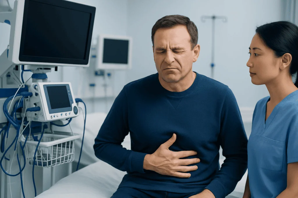 Man experiencing stomach pain in hospital with nurse nearby.