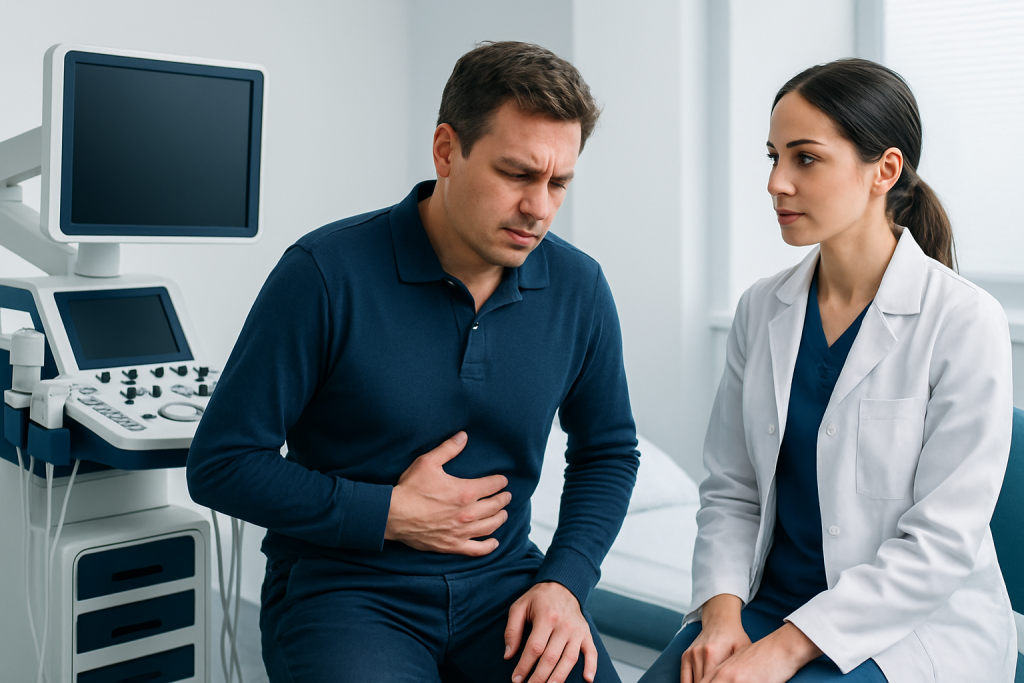 Man experiencing stomach pain during medical consultation at hospital.