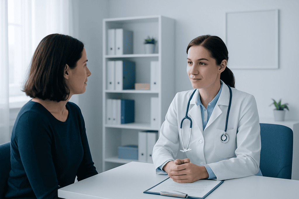 Doctor consulting with a patient in a modern medical office.