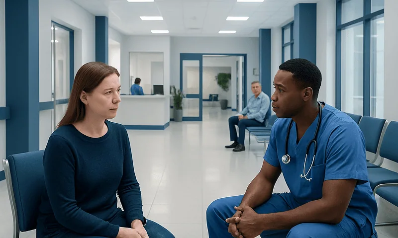 Doctor consulting with a patient in a hospital corridor.