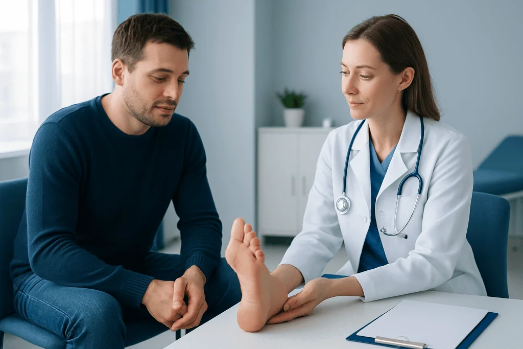 Doctor examining patient's foot in a medical consultation room.
