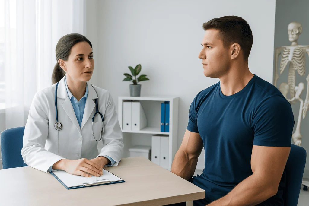 Doctor consulting with a male patient in a medical office setting.