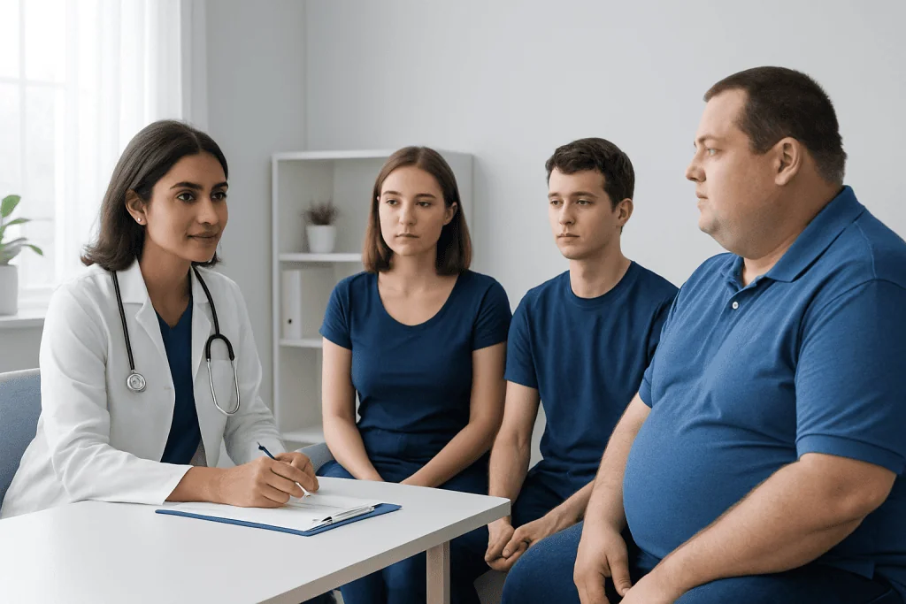 Doctor consulting with three patients in a medical office setting.