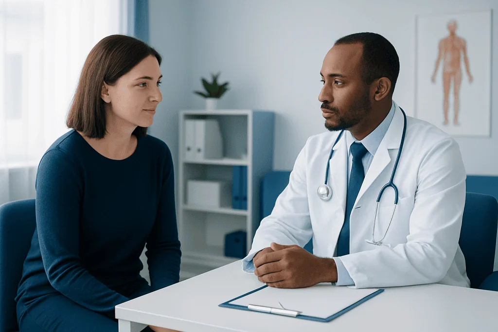 Doctor consulting with a female patient in a medical office.