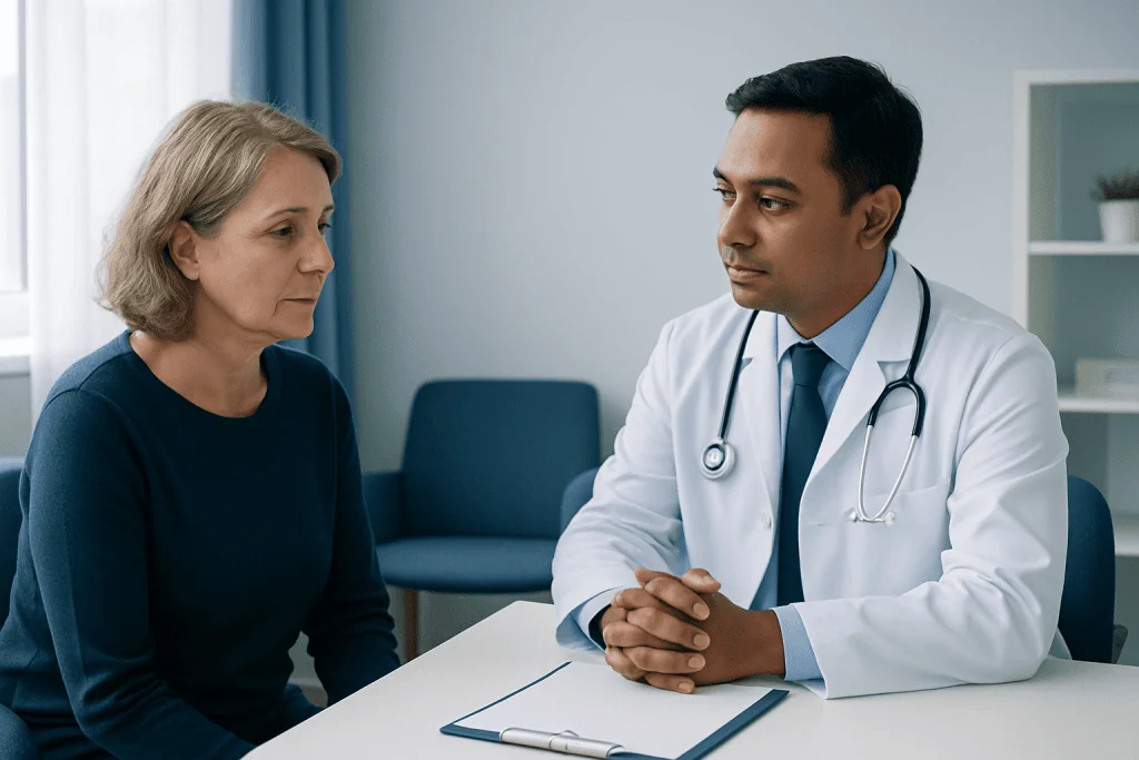 Doctor consulting with an elderly female patient in a medical office.