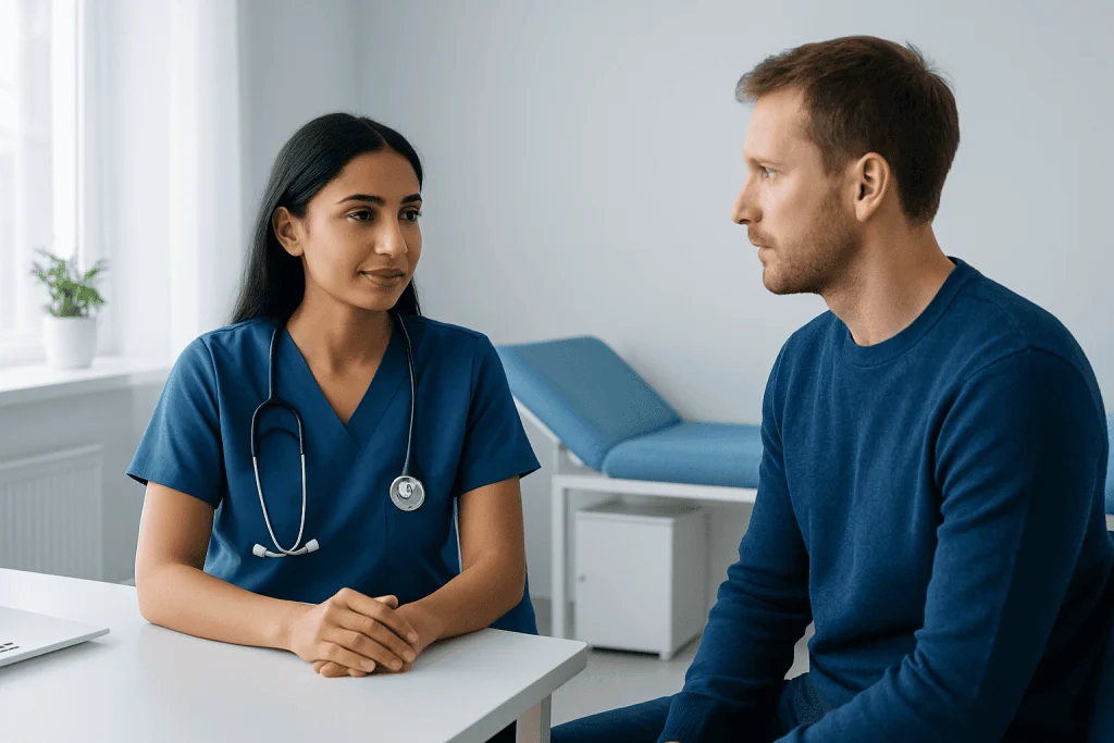 Medical consultation between a nurse and a patient in a clinic setting.