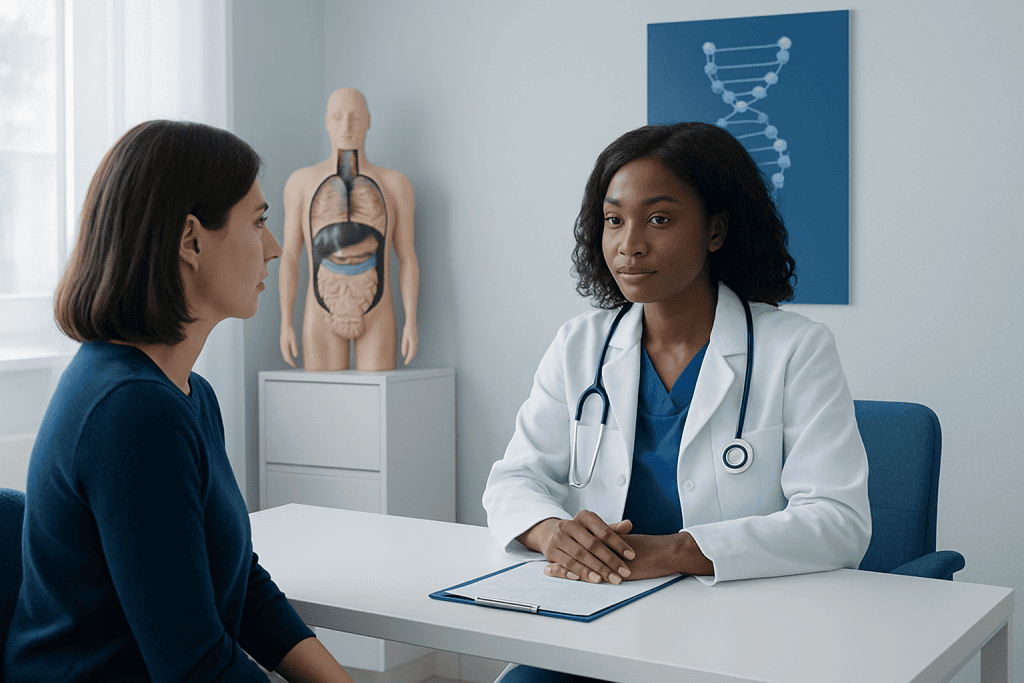 Doctor consulting with patient in a medical office with anatomical models and DNA illustration.