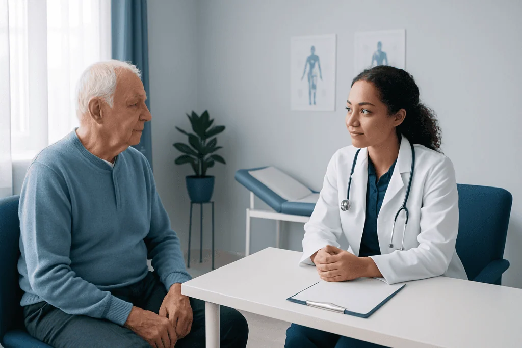 Doctor consulting with elderly patient in a medical office.