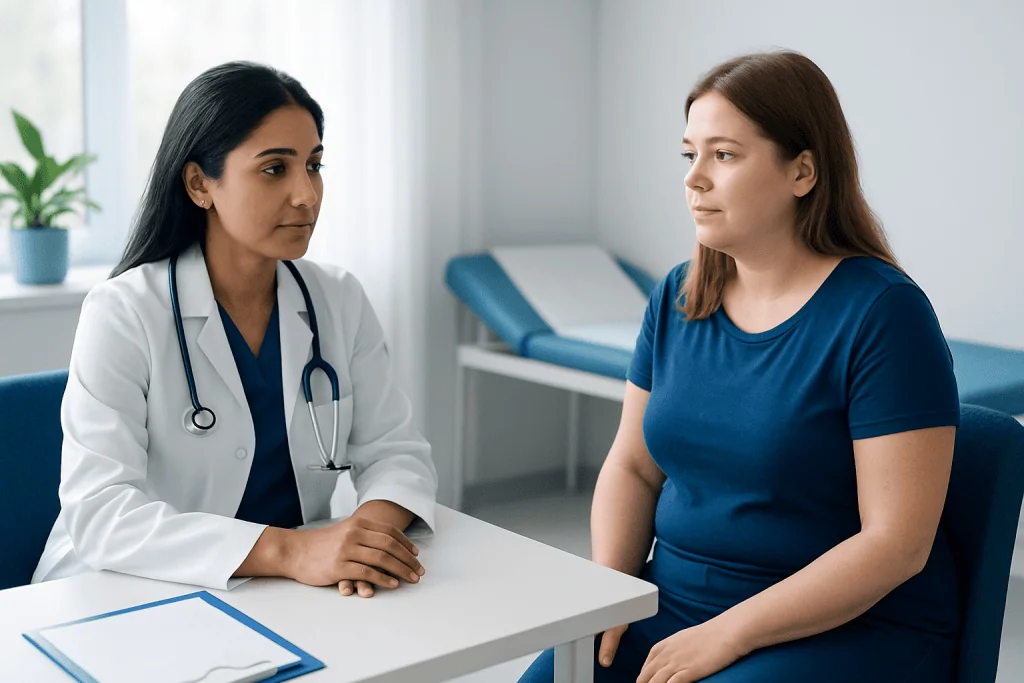 Doctor consulting with a female patient in a medical office.