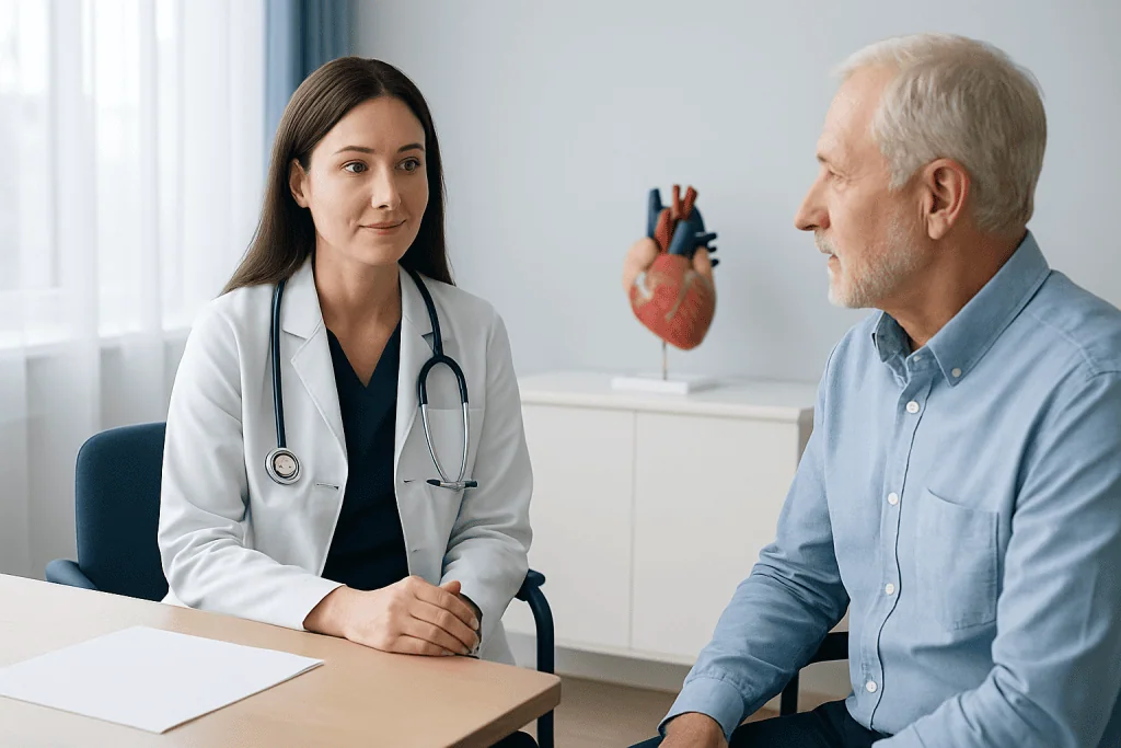 Doctor consulting with senior male patient in a medical office.